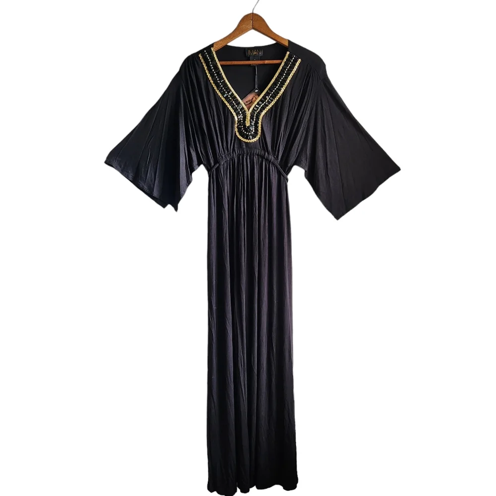 IMAN Beaded Neckline Maxi Dress Black Open Sleeve Size Med Tall NEW